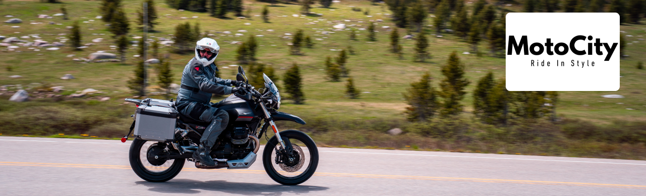 Rider riding a Moto Guzzi V100 in the MotoCity USA Naples service bay