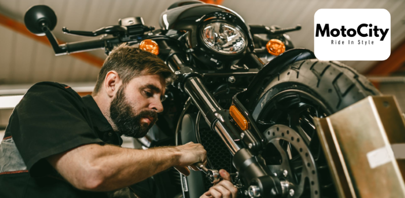 MotoCity USA technician servicing a motorcycle at the Daytona location